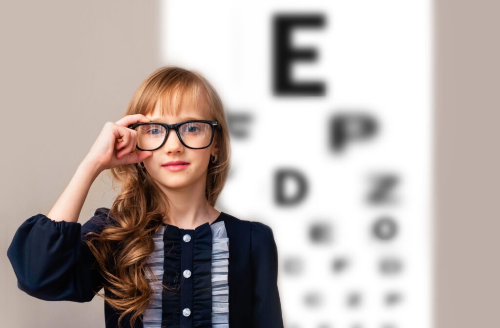 A young girl with glasses and an eye chart behind her, at the optometrist's office in San Clemente for myopia control.