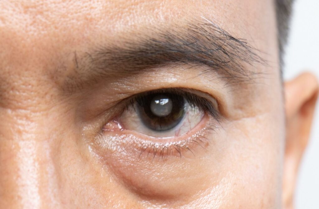 A close up of a cloudy eye with a cataract.