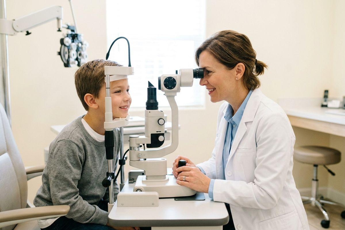 Optometrist smiling, using a slit lamp to examine a child's eyes in an eye exam room. Both appear relaxed.