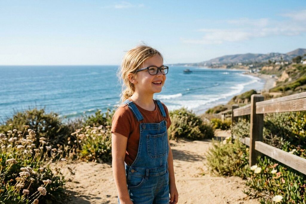Smiling child wearing glasses and denim overalls standing on a coastal bluff path, with a sweeping ocean bay and pier in the background.