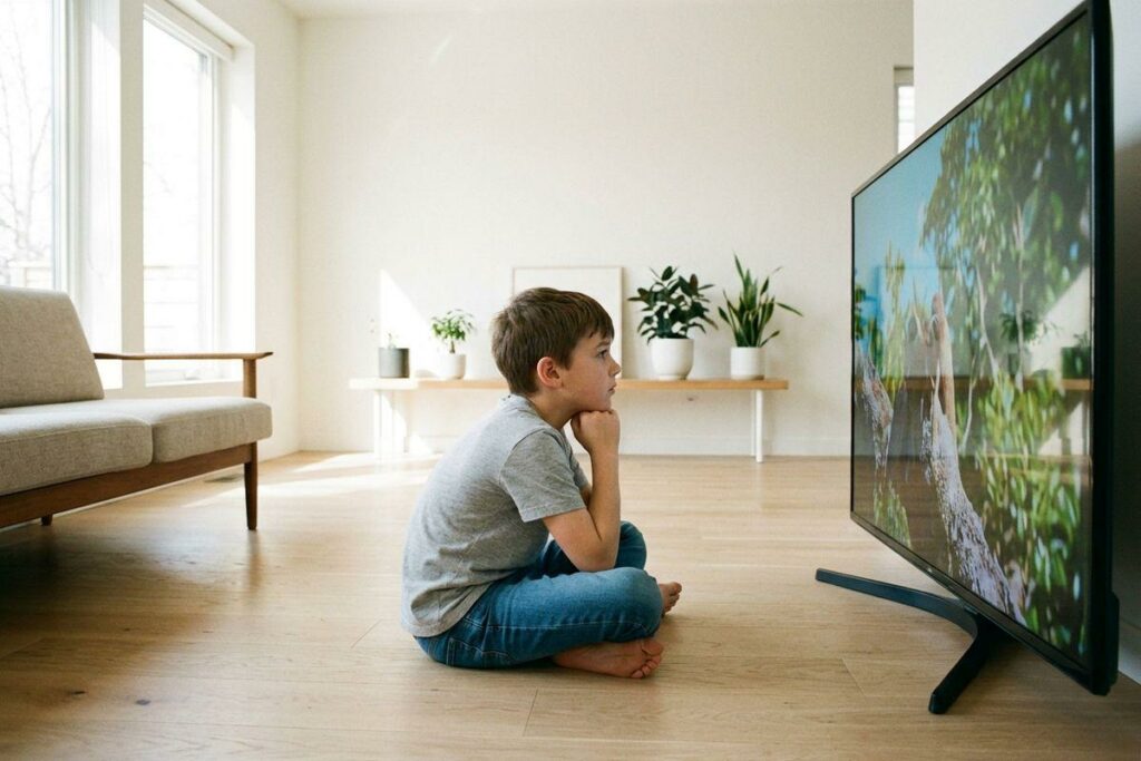 Child sitting cross-legged on a wood floor, chin resting on hands, watching a large TV in a bright living room.