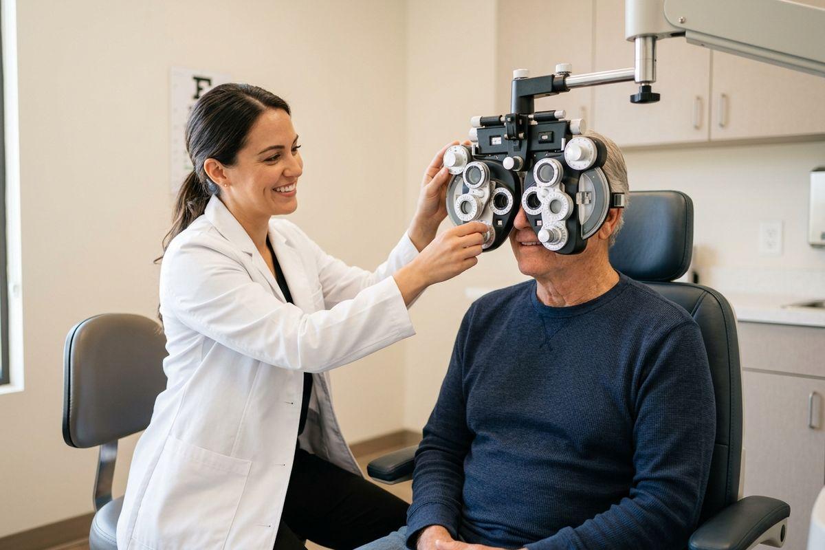 Smiling optometrist adjusting a phoropter over a seated older adult patient during an eye exam in a clinic.