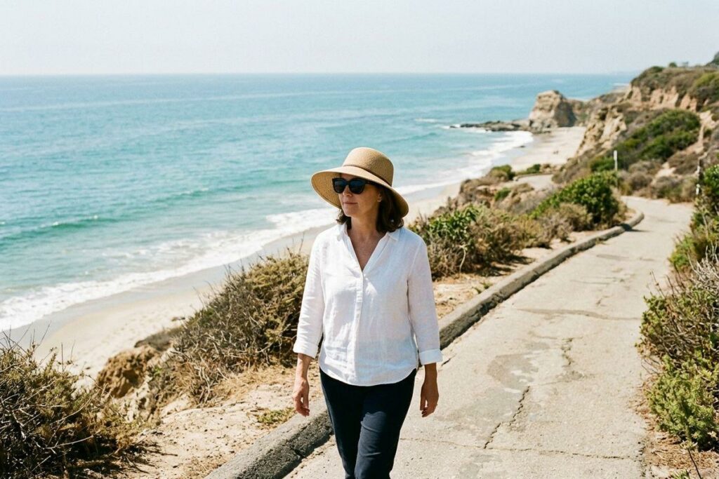 Adult wearing a sun hat and sunglasses walking along a coastal path above a sandy beach and rocky cliffs on a sunny day.