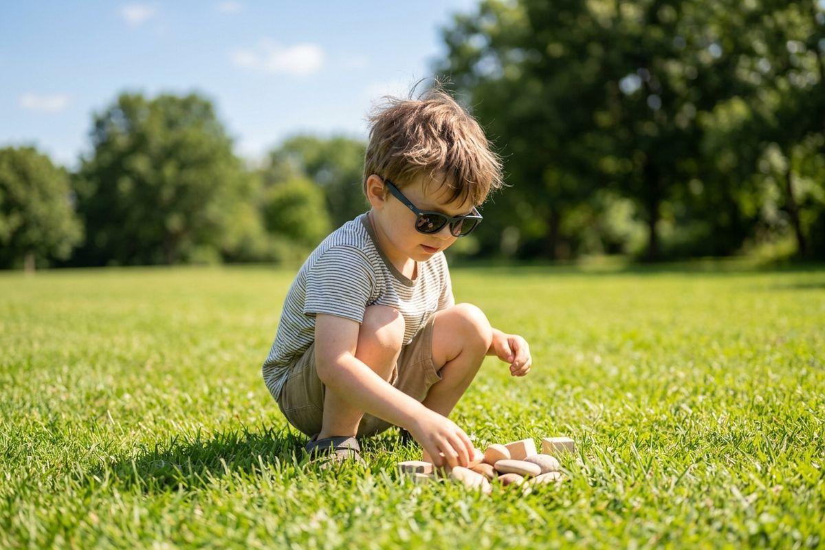 Child wearing sunglasses sitting on grass in a sunny park, focused on arranging small stones and wooden blocks on the ground.