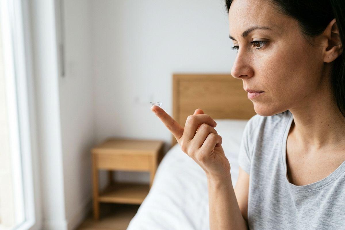 Adult holding a contact lens on their fingertip, focused, in a bedroom setting.