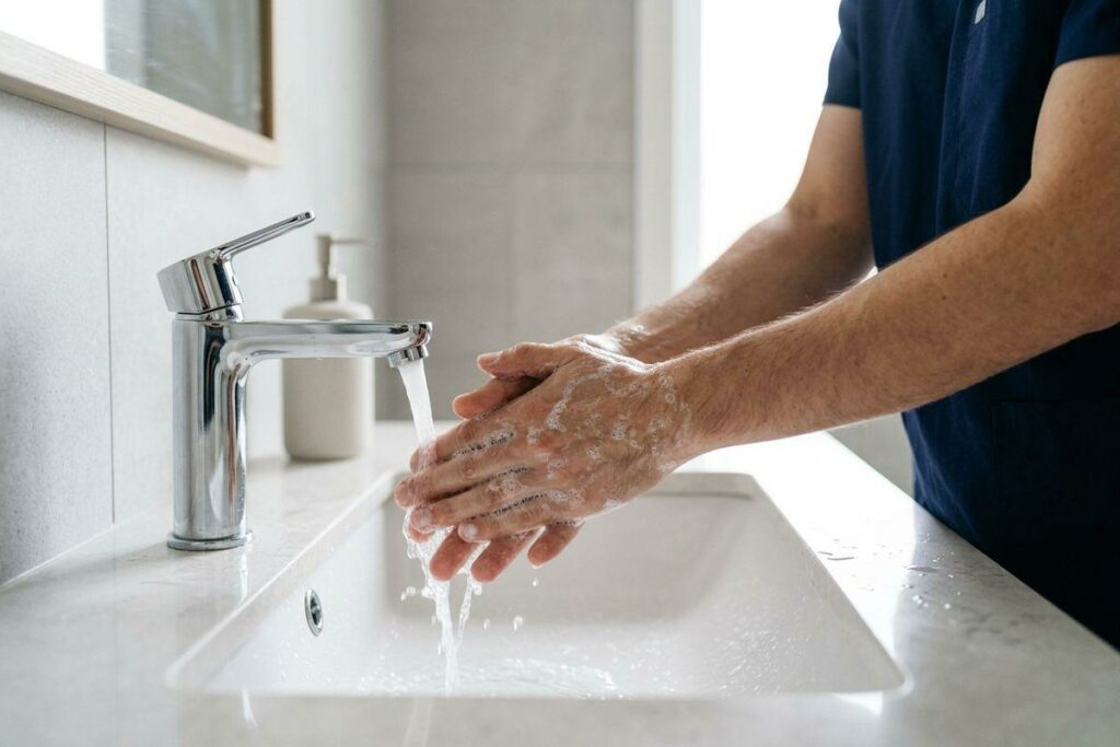 Person washing soapy hands under running water at a white bathroom sink.